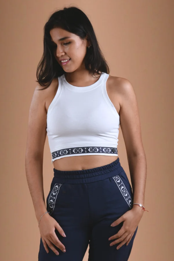 Yaku White Tank Crop Top - Women Model Close Up Front - Organic Cotton Peru - Sustainable White Crop Top Organic Cotton - Yaku